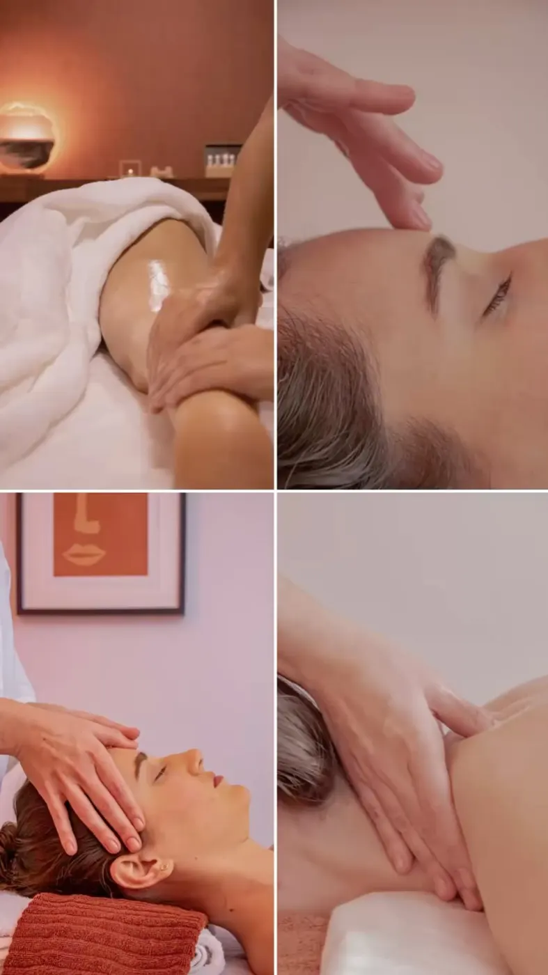 Quatro momentos de massagem no C'ALMA: braço, rosto, cabeça e ombros, em tons rosados