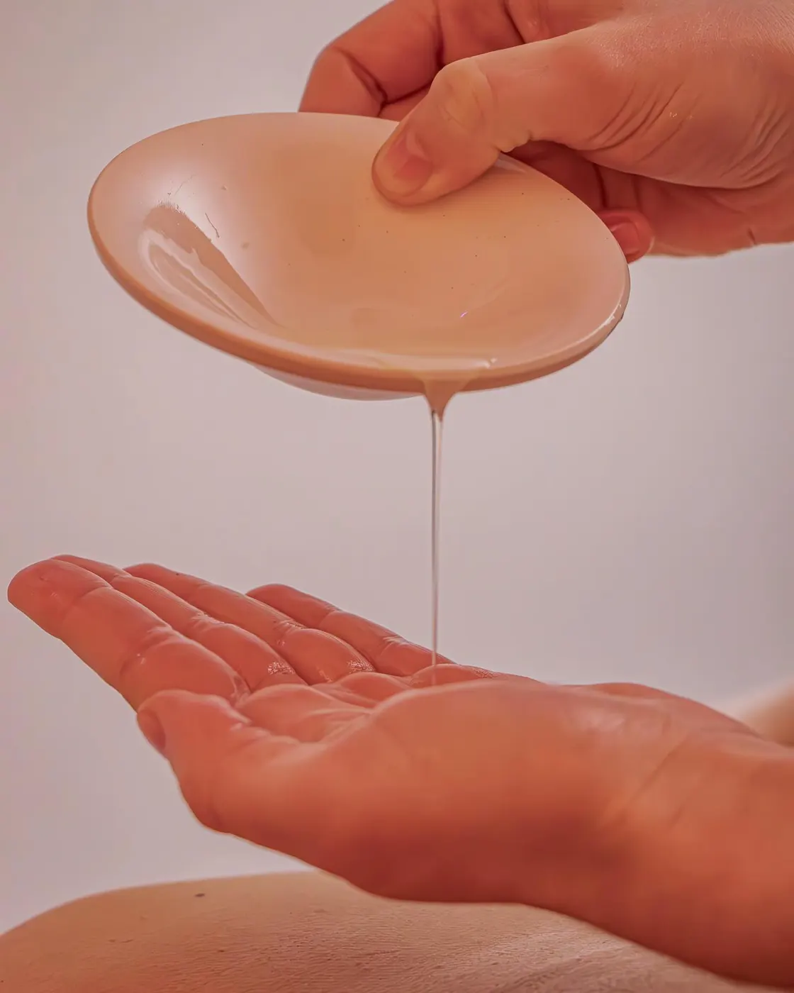 Óleo de massagem a cair de uma taça para a palma da mão, numa sala de tons rosados